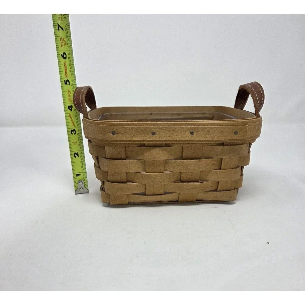 Longaberger 2003 Small Handwoven Basket Leather Handles Plastic‎ Protector EUC